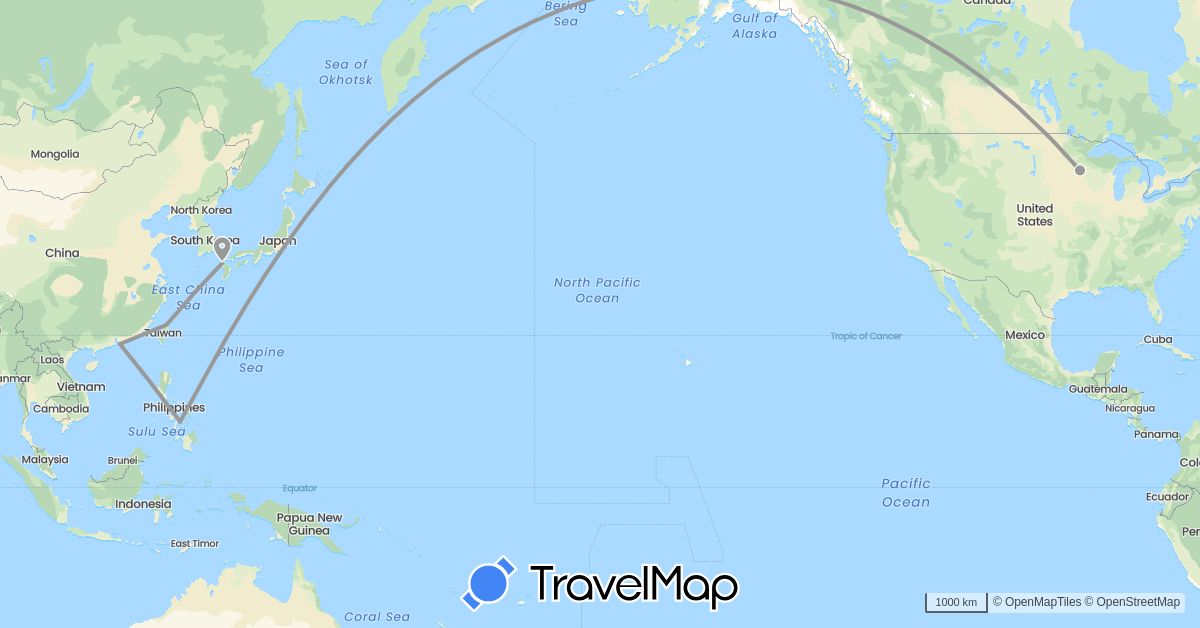 TravelMap itinerary: driving, plane in China, Japan, Philippines, Taiwan, United States (Asia, North America)